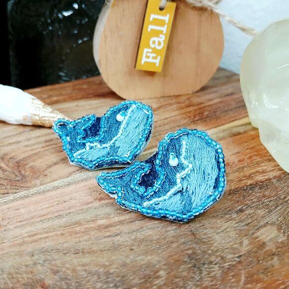Handmade Jewelry - Whale Beaded Embroidery Stud Earrings, Handmade OOAK Ocean Beach